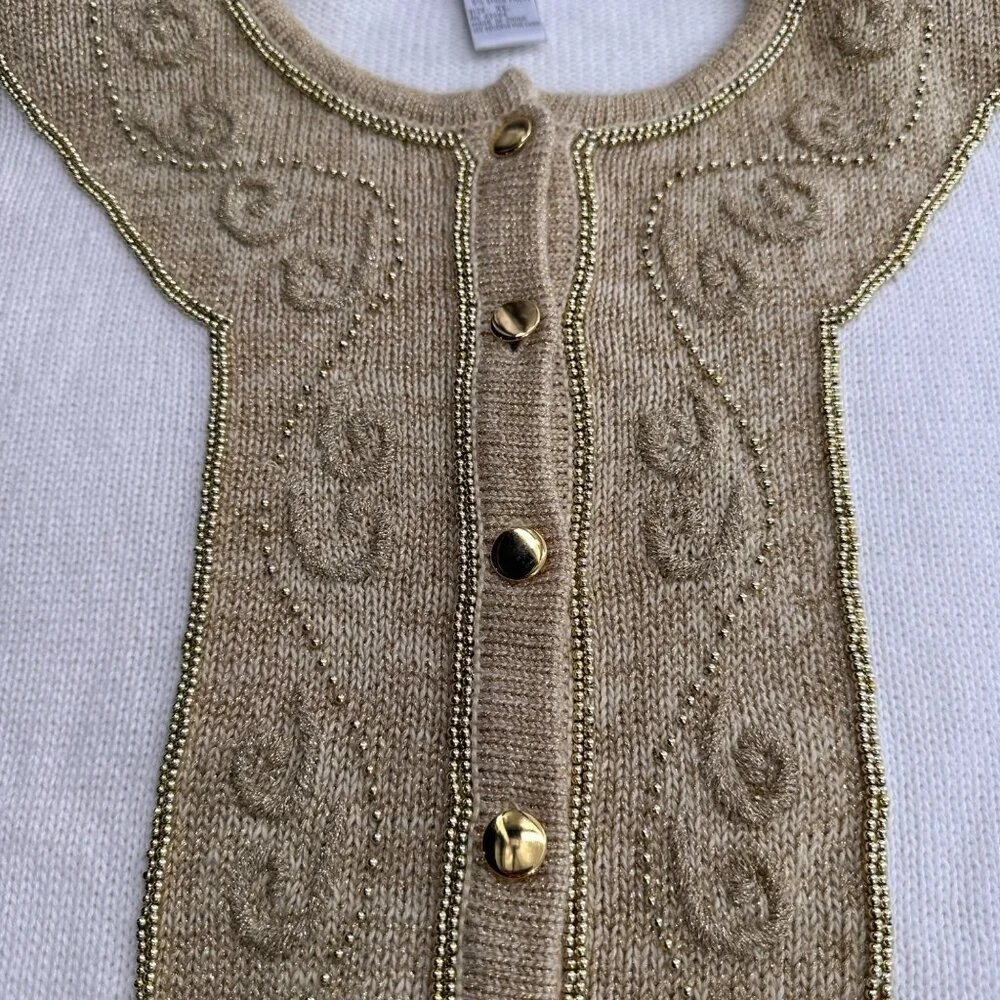 Dressbarn XL White & Gold Embellished Cardigan Sweater Button Christmas Holiday - Picture 6 of 10